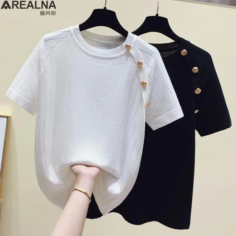 

2022 Summer Korean Fashion button Ice silk Knit T shirt Women Short Sleeve white black Elegant Ladies loose T Shirts Tops Femme