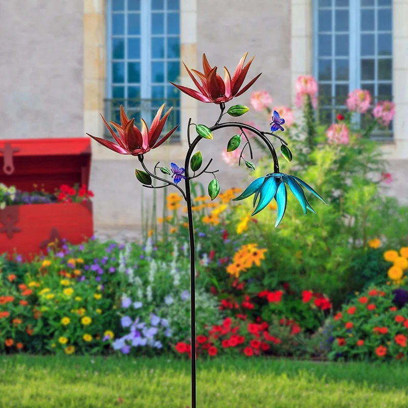 

1 PCS Wind Spinner For Yard And Garden Large Metal With 3 Spinning Flowers And Butterflies