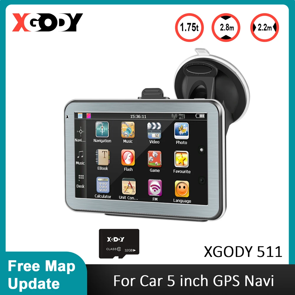 XGODY 5 Inch Car GPS Navigation Truck GPS Navigator Moto Sunshade Sat Navi Navigators 256M+8G 2022 America Europe Russia Map