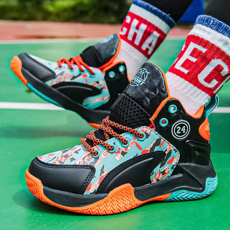 Hot Sale Leather High-top Kids Basketball Shoes Non-slip Breathable Children's Athletic Soprts Shoes Anti-Shock Sneakers For Kid