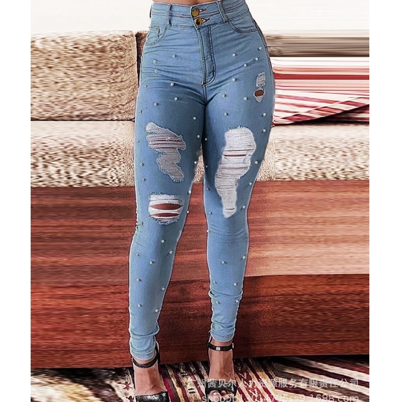 

Women's Jeans Spring Summer Fashion Slim Embroidered Flares Jeans Women's Button High Waist Ripped Denim Pencil Pants Trousers