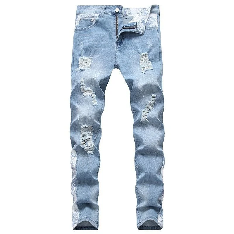 

Men's Jeans Autumn Winter Straight Men Spliced Hole Bleached Vintage Washed Full Length Ripped Stretch Trousers Male
