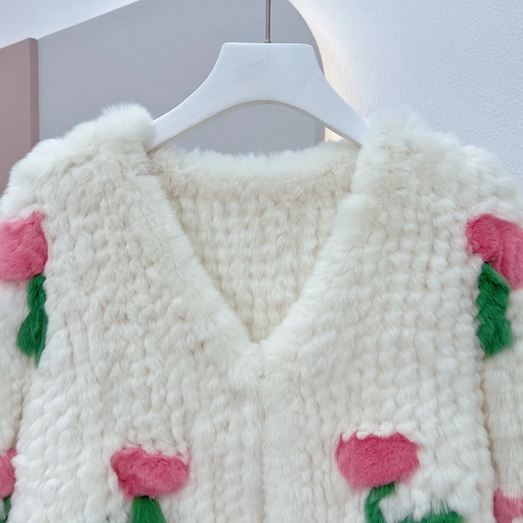 Women Real Fur Coat 100% Natural Rex Rabbit Fur Jacket Short Outerwear Loose Floral Knitted Fashion Slim Fur Early Winter