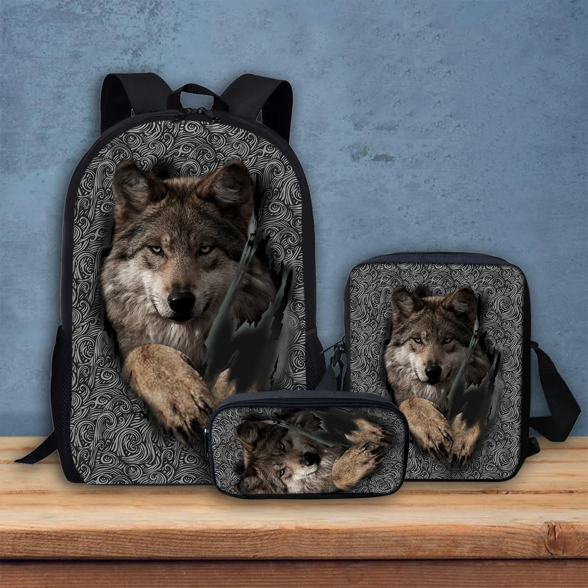 Classic Wolf Printed Student Bag Back to School Teen 3Pcs/Set  Crossbody Bag Outdoor Travel High Quality Boys Girls Pencil Case