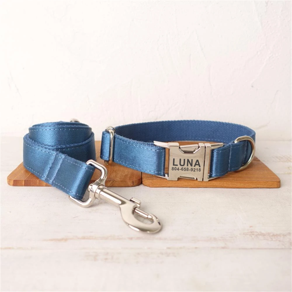 Personalized Dog Collar Custom Pet Collar Free Engraving ID Name Tag Pet Accessory Shiny Dark Blue Puppy Collar Leash