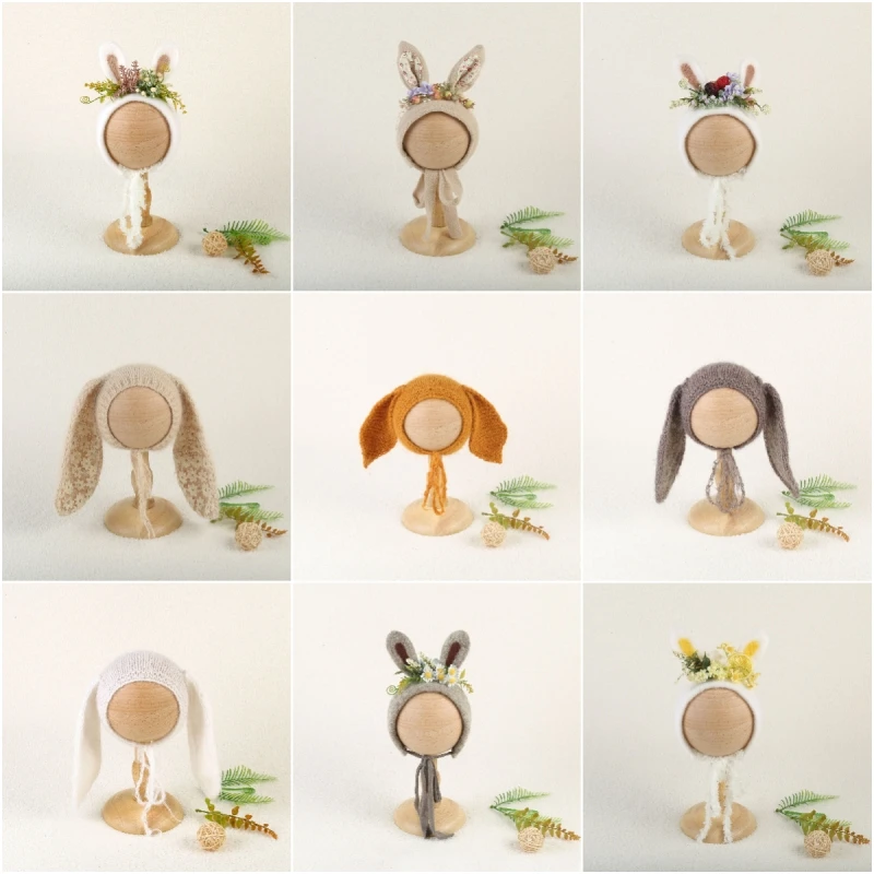 Dvotinst Baby Photography Props Crochet Knitted Cute Animals Rabbit Bear Hats Bonnet Fotografia Studio Shooting Photo Props