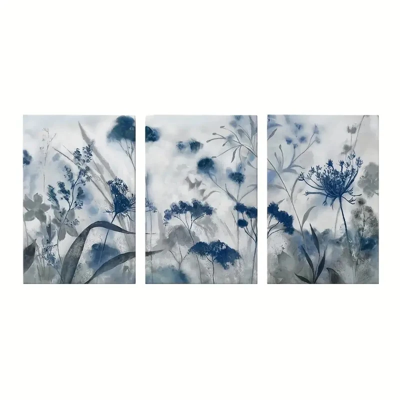

Набор из 3 картин на холсте HALFLEMART Синий серый цветочный принт
