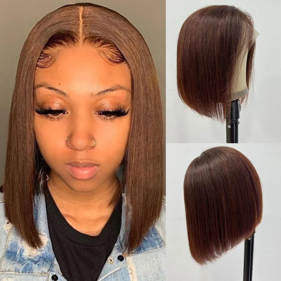 Straight Bob Wig T part Lace Frontal Wig Brown Colored Human Hair Wigs Brazilian Lace Front Human Hair Wigs For Black Women Remy