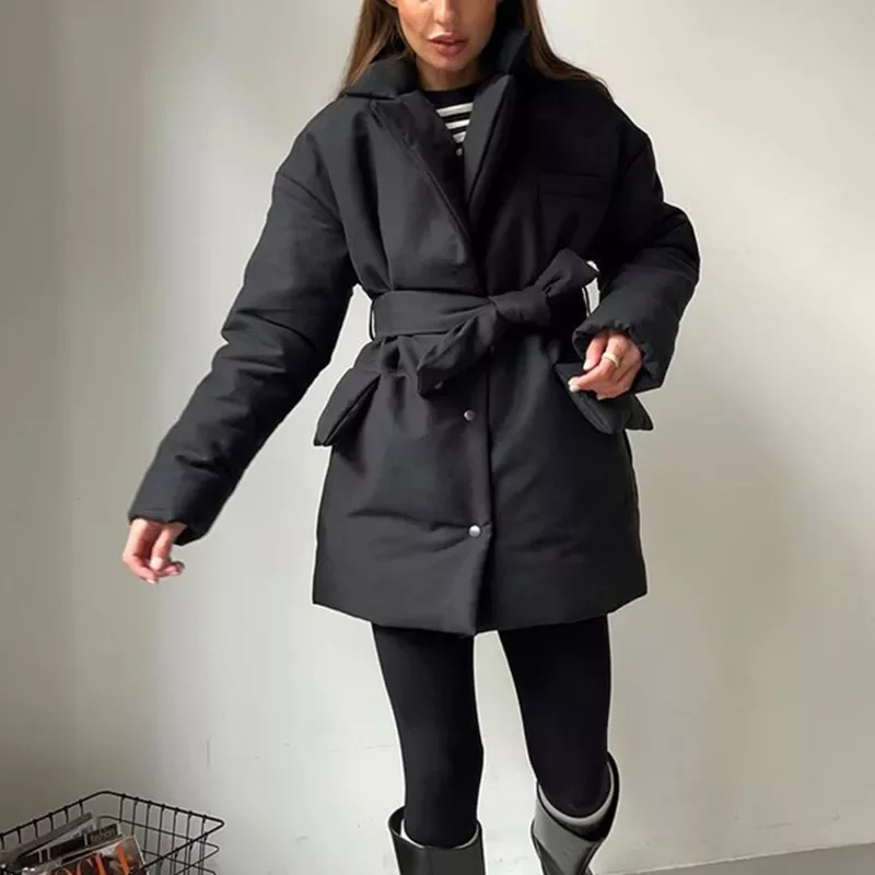 

Malina Casual Notched Parkas Women Fashion Tie Belt Solid Black Coats Women Elegant Single Breasted Cotton Jackets Female Ladies