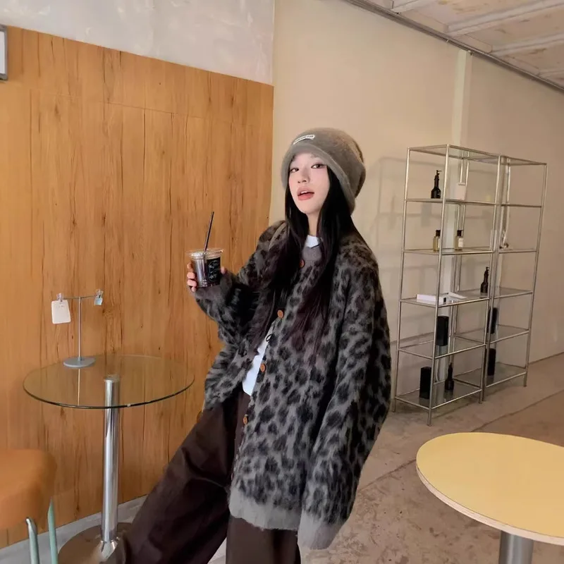 JY Новый женский кардиган модный свитер с леопардовым принтом вязаный