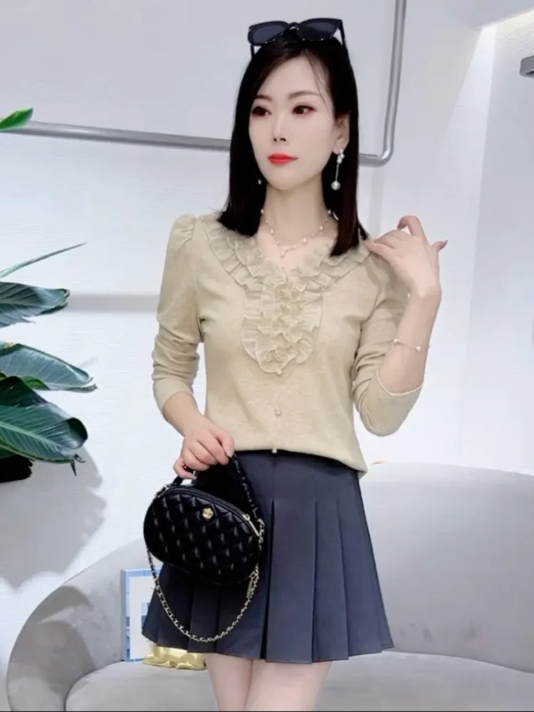 Вязаная женская футболка с длинными рукавами во французском стиле новая