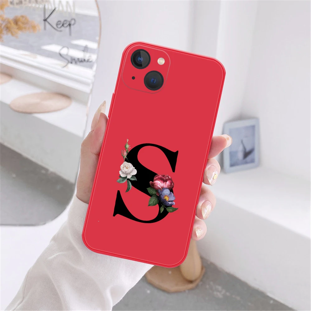 Фото Модный силиконовый чехол для телефона с буквой A Z для iPhone 12 13 ProMax 12 13 mini Retro черный цветок китайский красный чехол-накладка №4