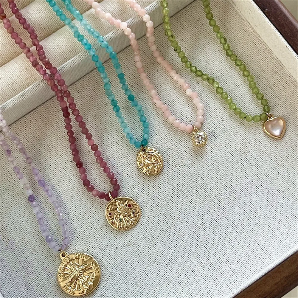 

Natural Stone Faceted Amethyst Tourmaline Olivine Amazonite Beads Necklace Round Zircon Metal Pendant Cute Clavicle Jewelry
