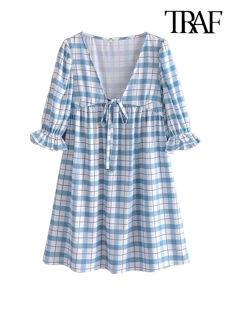 

TRAF Women Fashion With Tied Plaid Mini Dress Vintage V Neck Short Sleeve Female Dresses Vestidos Mujer
