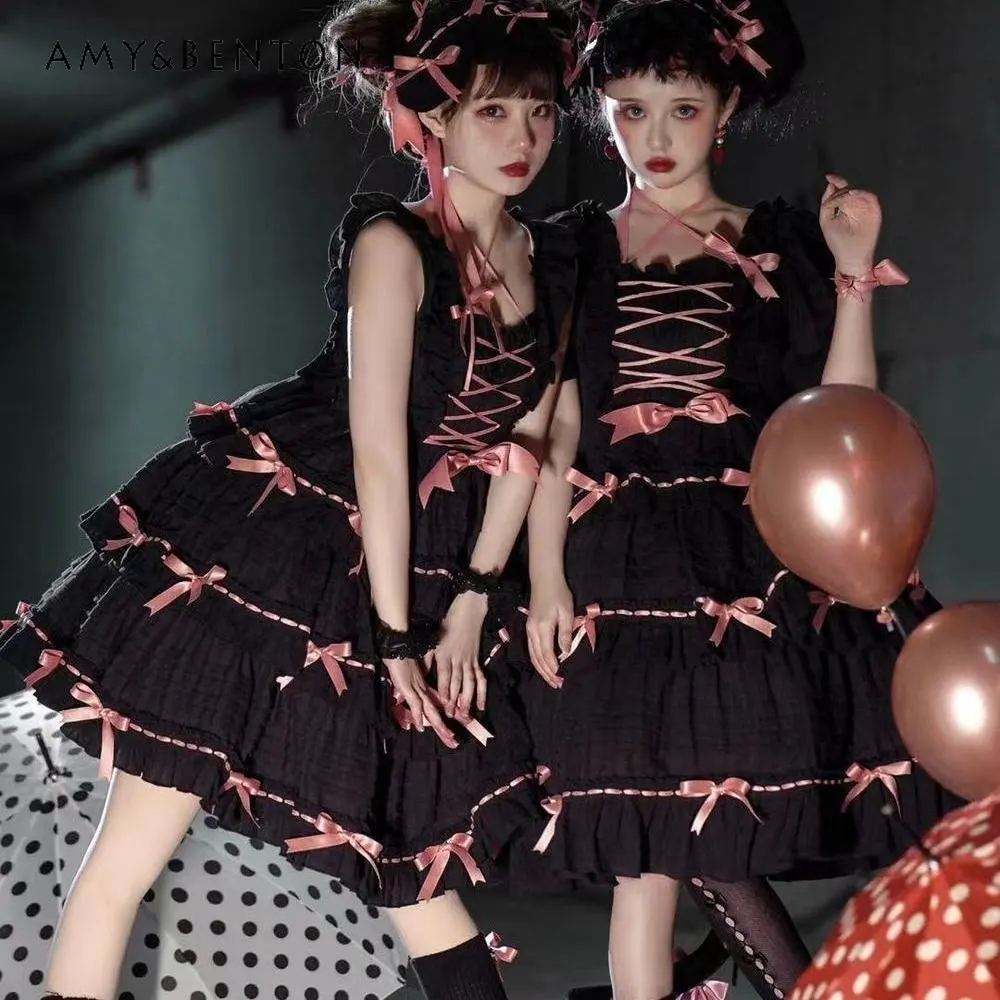 

Lolita Sweet Long Knee Length Dress High Waist Original Design Contrast Color Bow JSK Dresses Suspender Dress Vestidos De Mujer