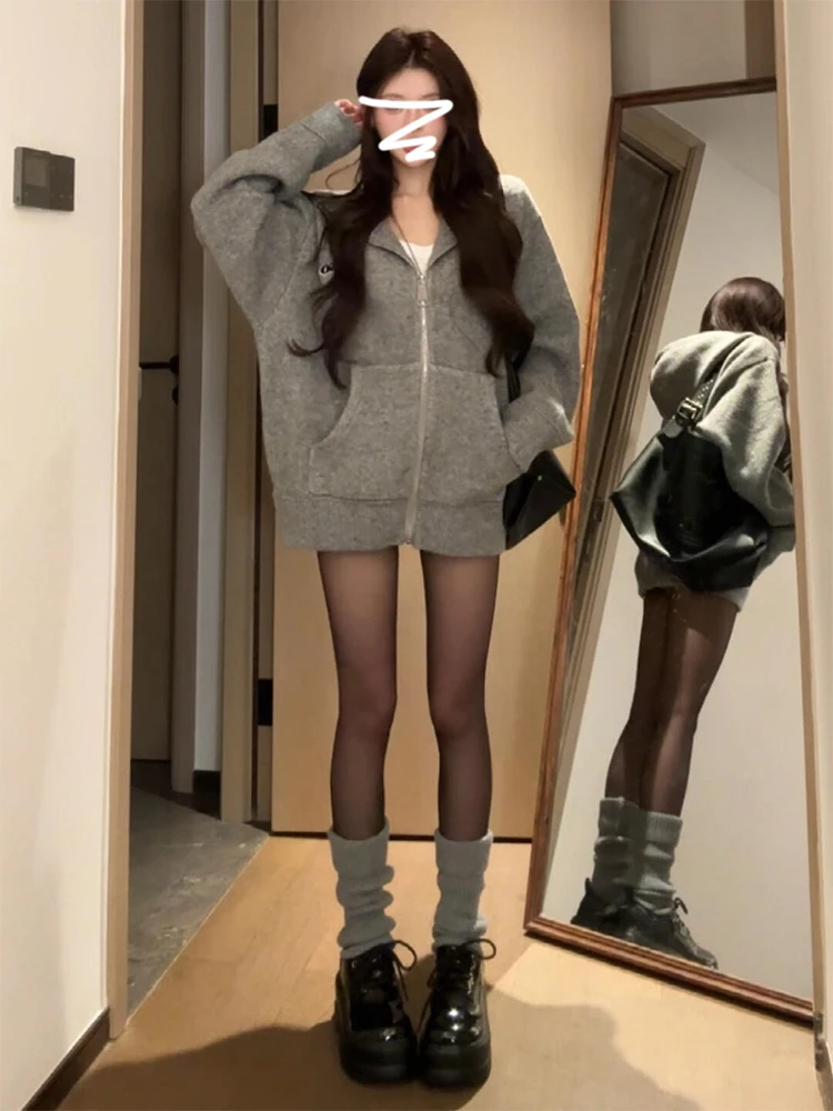 2024 New Gray Hood Knit cardigan Sweater Outerwear Women Autumn and Winter High-Grade Loose Zip-up Thick Upper Garment