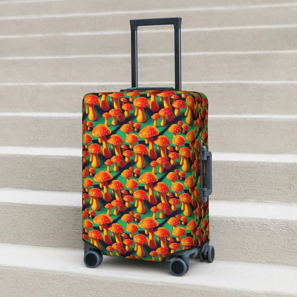 

Magic Mushroom Suitcase Cover Trippy Orange Mushrooms Cruise Trip Protection Holiday Elastic Luggage Case