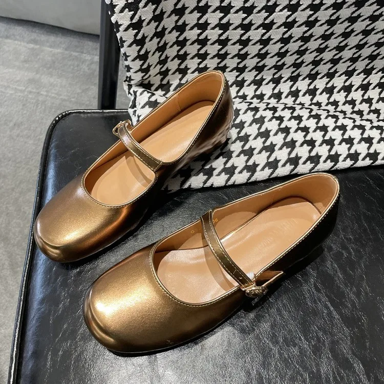 Туфли женские с круглым носком Мэри Джейн из натуральной золотой и серебряной