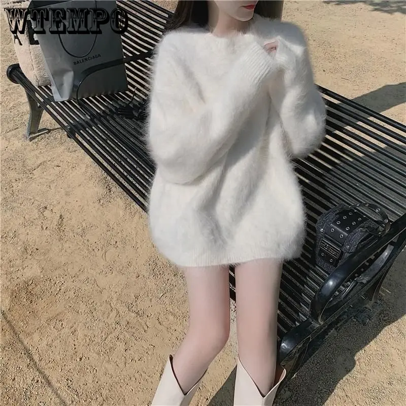 

Autumn and Winter Mink Fleece Sweater Women's Mid-length Outer Wear Lazy Style Loose Pullover All-match Fleece Knitted Sweater