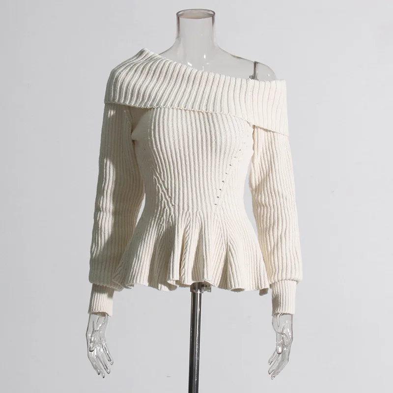 

PREPOMP 2023 Autumn Winter New Arrival Slash Neck Ruffles Slim Waist Knitted Pullover Women Sweater GM216