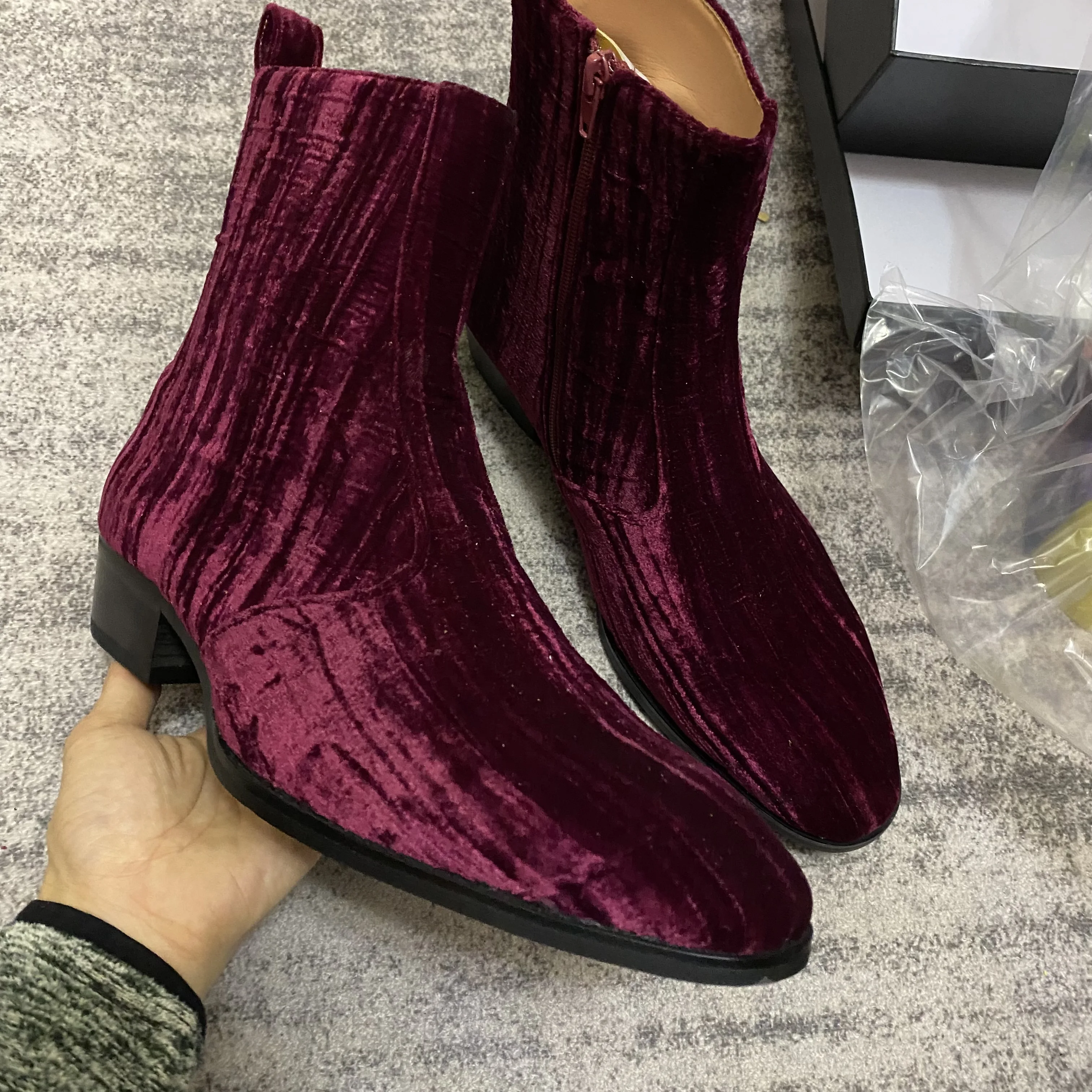 Мужские свадебные ботинки ручной работы с пиликом пальца винно-красного бархата