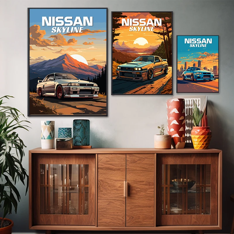 Японский Nissan Skyline R34 автомобильный Пейзаж Плакат и принты на холсте картина стену