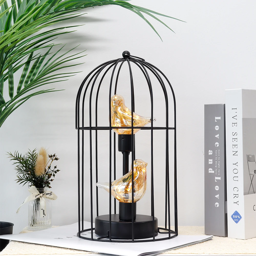 Фото Birdcage Decorative Table Lamp Battery Operated Cordless Accent Light with Warm White Fairy Lights Bird Bulb for Home Decor №5