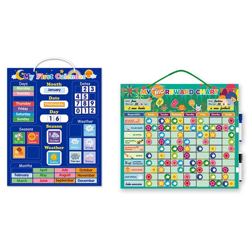 

Kids Magnetic First Calendar Time Month Date Day Season Weather Learning Chart Board & Self-Disciplined Reward Chart Toy