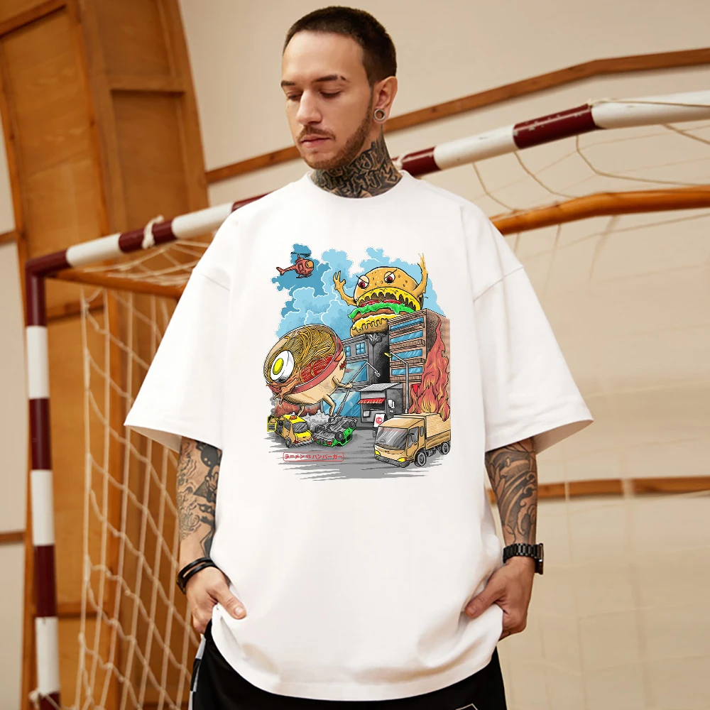 

Гамбургерский Монстр против рамен монстр Хлопковая мужская одежда, нишевая Удобная футболка, универсальная одежда с круглым вырезом, футболки с коротким рукавом