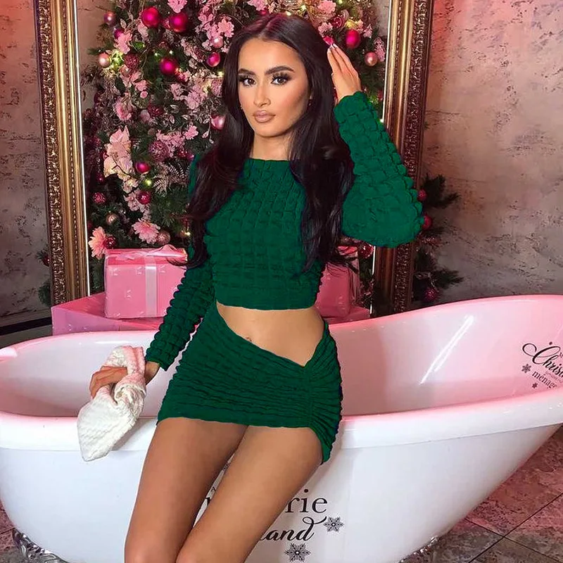 

2022 Spring and Summer New Women's Fashion Round Neck Long Sleeve T-shirt Slim Wrap Hip Skirt Set Navel Solid Color String