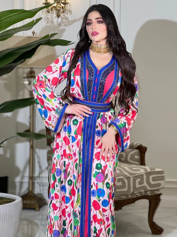 

Eid Two Piece Set Muslim Abaya Dress Diamond Print Women Dubai Turkey Lace Up Abayas Morocco Kaftan Islamic Musulman Ensembles