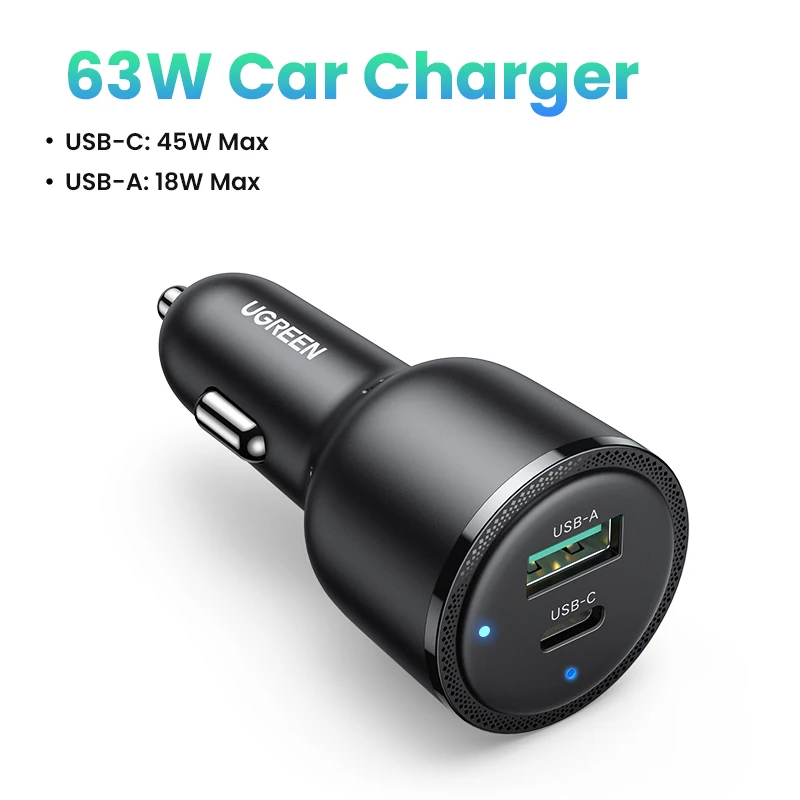  NEW in UGREEN 63W Car Charger PD QC 3.0 PPS 45W USB Type C Fast Charging for iPhone 14 13 Samsung Xiaomi Mobile Phone Charger