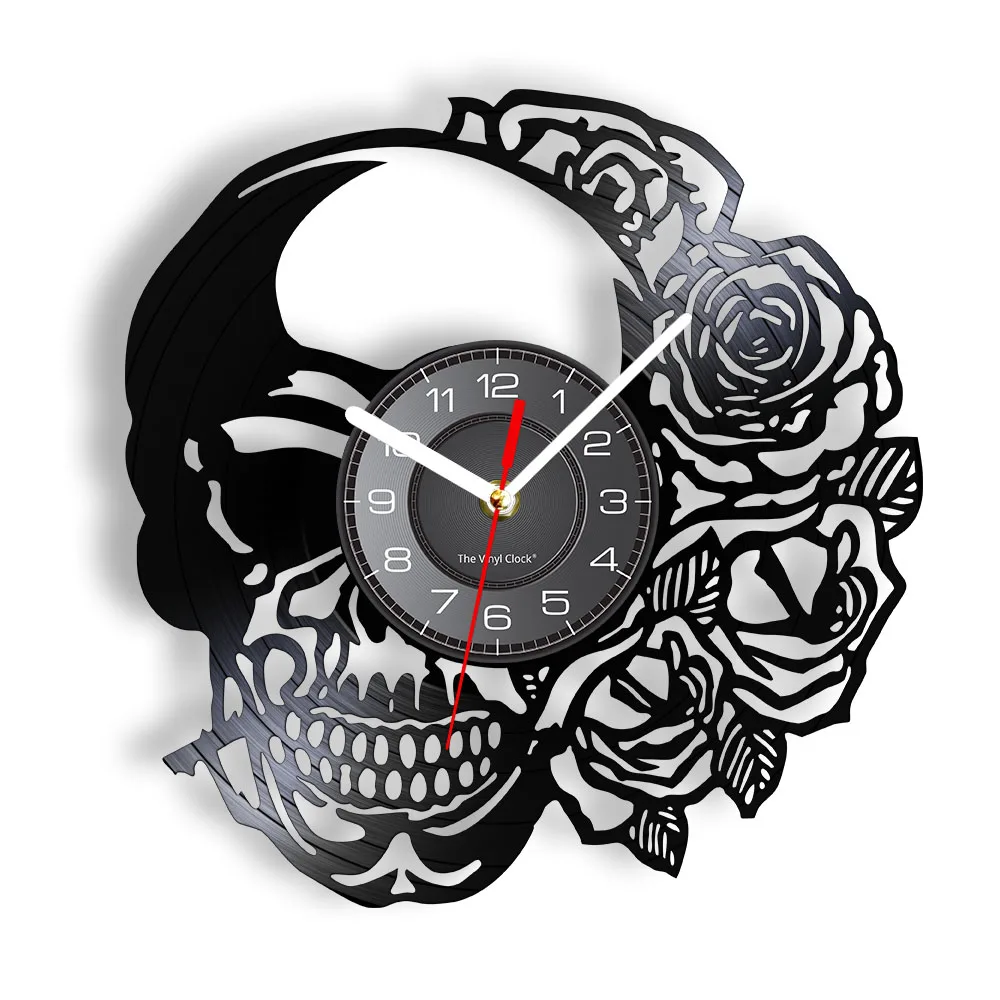 

Tattoo Skull with Rose Wall Art Wall Clock Skeleton Skull Thorn Roses Vinyl Record Wall Clock Gothic Home Decor Wall Watch Clock