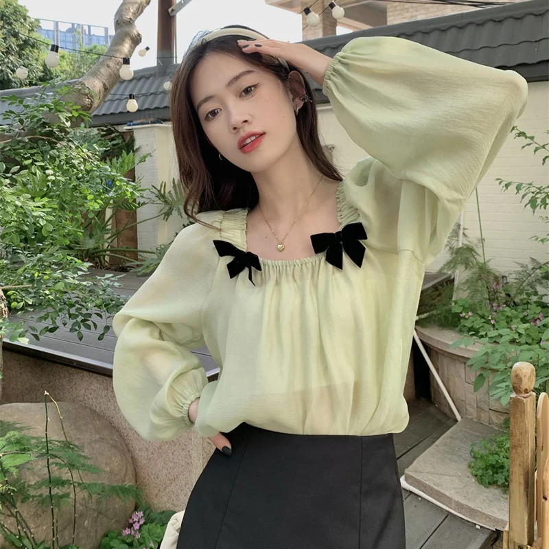 

2023 Ladies Summer Bow Chiffon blouse Square collar long sleeves