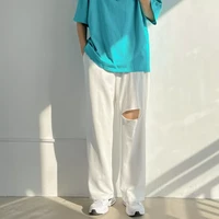 korean fashion men drawstring trousers trendy ripped baggy casual pants male 2022 summer thin white jogging sweatpants