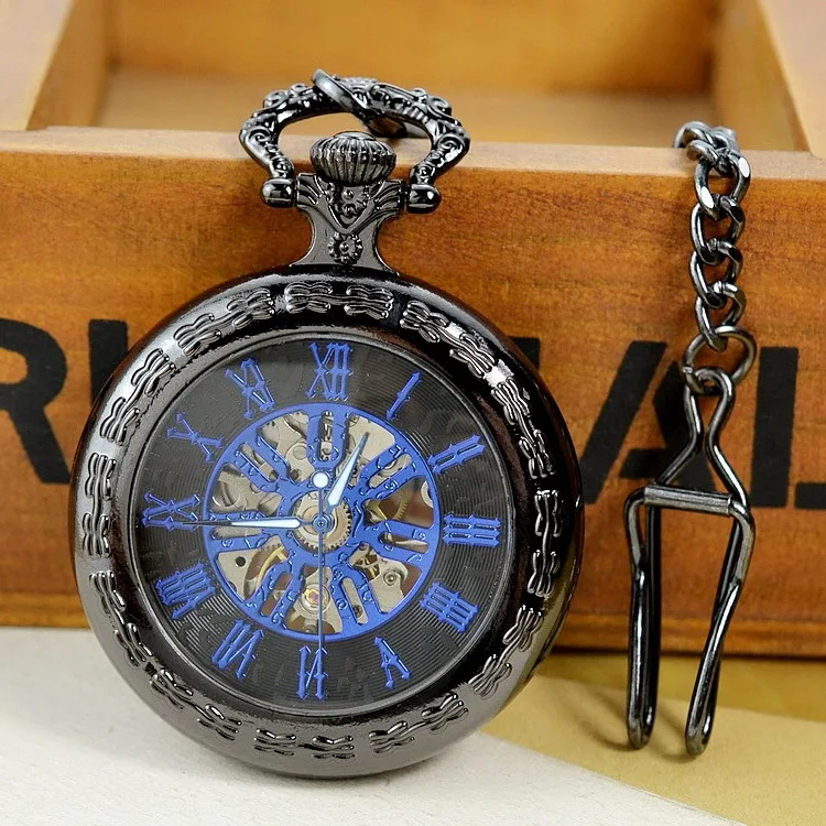 Luxury Mechanical Sliver Pocket Watch for Men Women Hollow Skeleton Dial Roman Dial Fob Chain Pendant Clock for Collection Gift