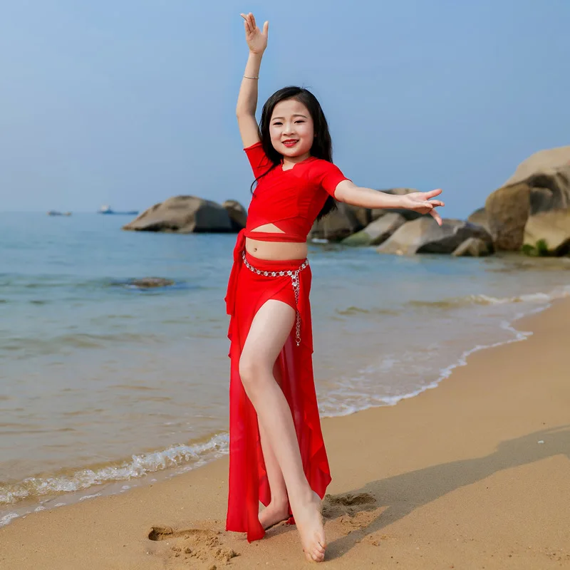

Children Dance Practice Clothes Top Skirt Indise Wear Belly Dance Costume Set Short Sleeve Fashion Bellydance Set