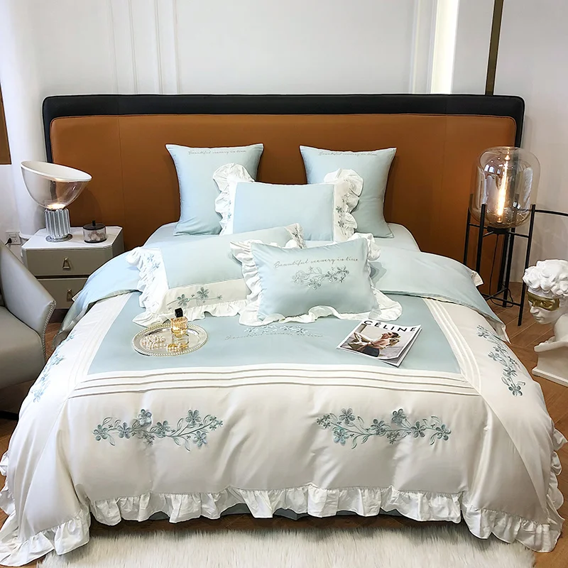 

Luxury 1200TC Egyptian Cotton Elegant Embroidery Bedding Ruffles Duvet/Quilt Cover Set Bed Linen Fitted Sheet Pillow Shams