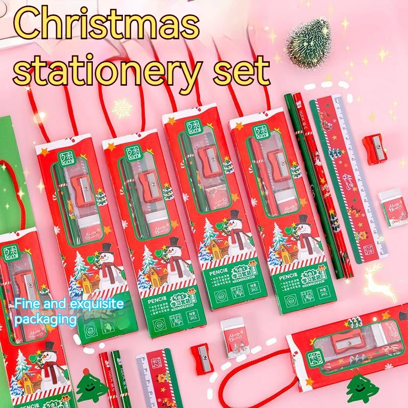 

1pcs Cute Christmas Stationery Set Pencil Ruler Earser Sharpener Pencil Case 5 In 1 Suit Stationery Set For School Students Gift