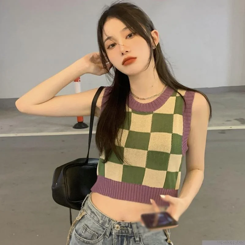 

Женские сексуальные трикотажные майки, жилет без рукавов, клетчатый свободный крой, повседневные кроп-топы