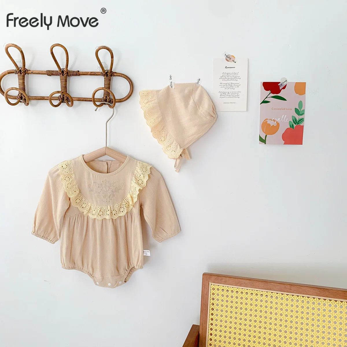 

Freely Move Lace Princess Toddler Romper 2022 Autumn Retro Newborn Baby Girl Clothes Cotton Solid Infant Outfits 2pcs With Hats