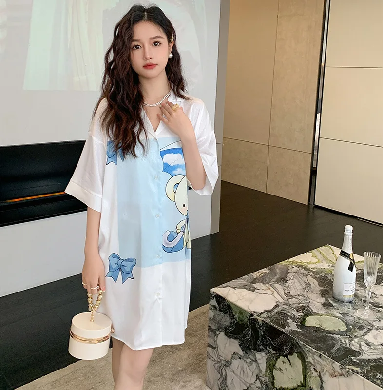 Pajamas Women's Summer Herringbone Pattern Large Size Mid-length Skirt Nightdress Sweet Girl Cartoon Cardigan Home Service