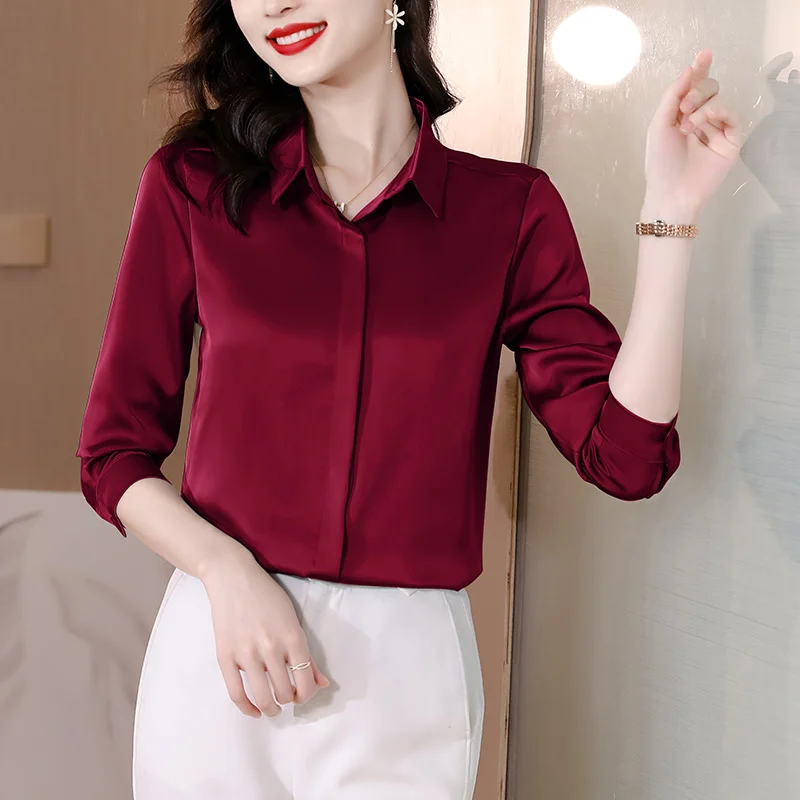 

Шелковая женская рубашка на пуговицах, модная пятнистая блузка с длинным рукавом, женский элегантный однотонный деловой Топ, новинка 2023