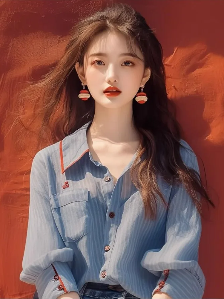 Корейская серия рубашки в синюю полоску женские осенние больших размеров для