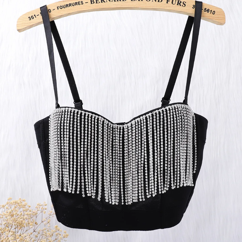 

Sexy Crystals Stones Sling Crop Camisole DJ Singer Dancer Stage Costume Women Rhinestones Tassel Wrapped Chest Short Tops