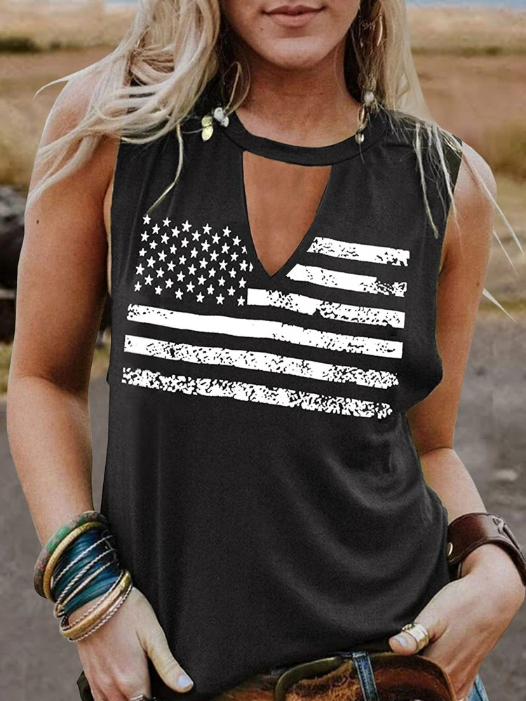 

American Flag Tank Top Hollow Out Keyhole Neck Sleeveless Shirts Women 4th of July Summer US Flag Stars Stripes Patriotic Tops