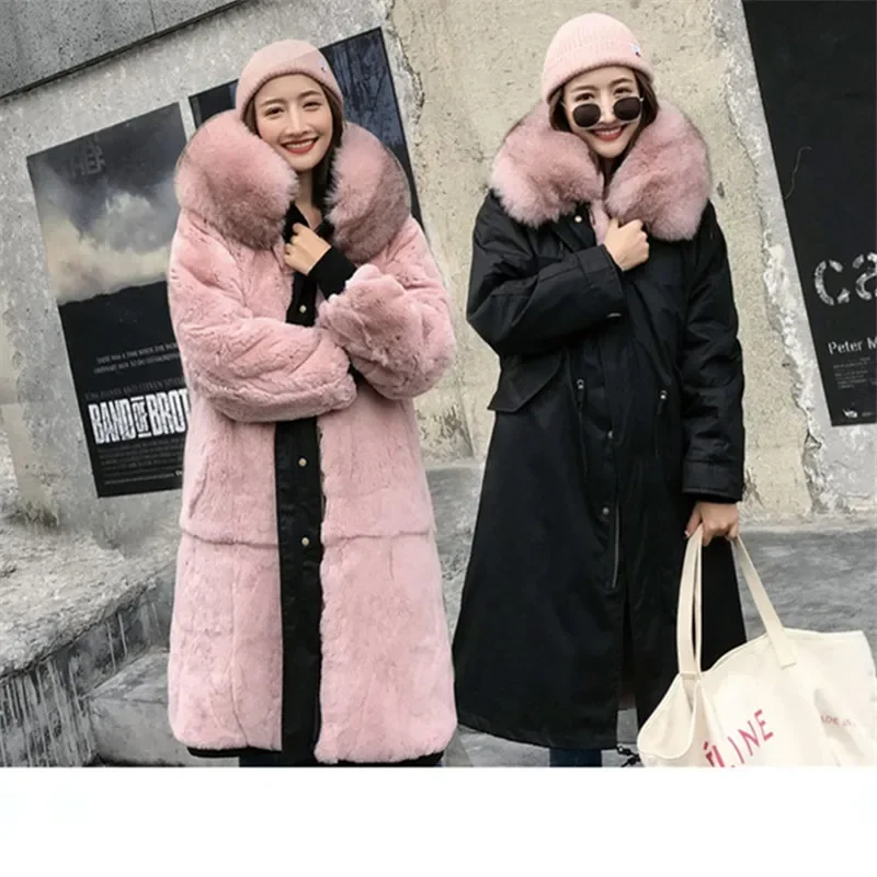 

2023 Women Waterproof Parka Rabbit Fur Coat Winter Jacket Women Natural Raccoon Fox Fur Collar Hood Thick Liner Outerwear X-Long