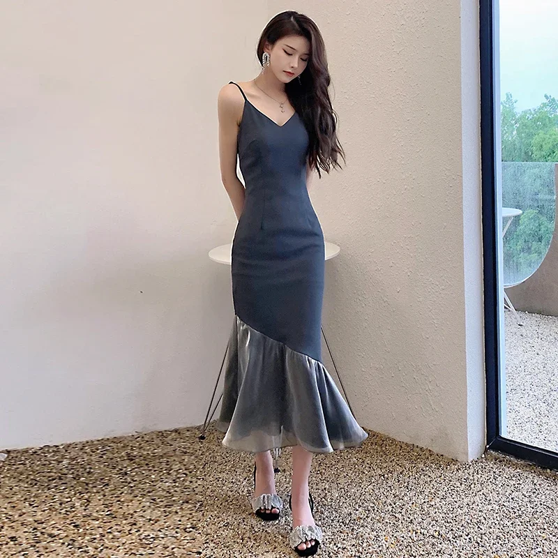 

Hepburn Style Celebrity Evening Dress High End Elegant Wrap Hip Sheath Mermaid Party Dress Sexy Splice Long Dresses for Women