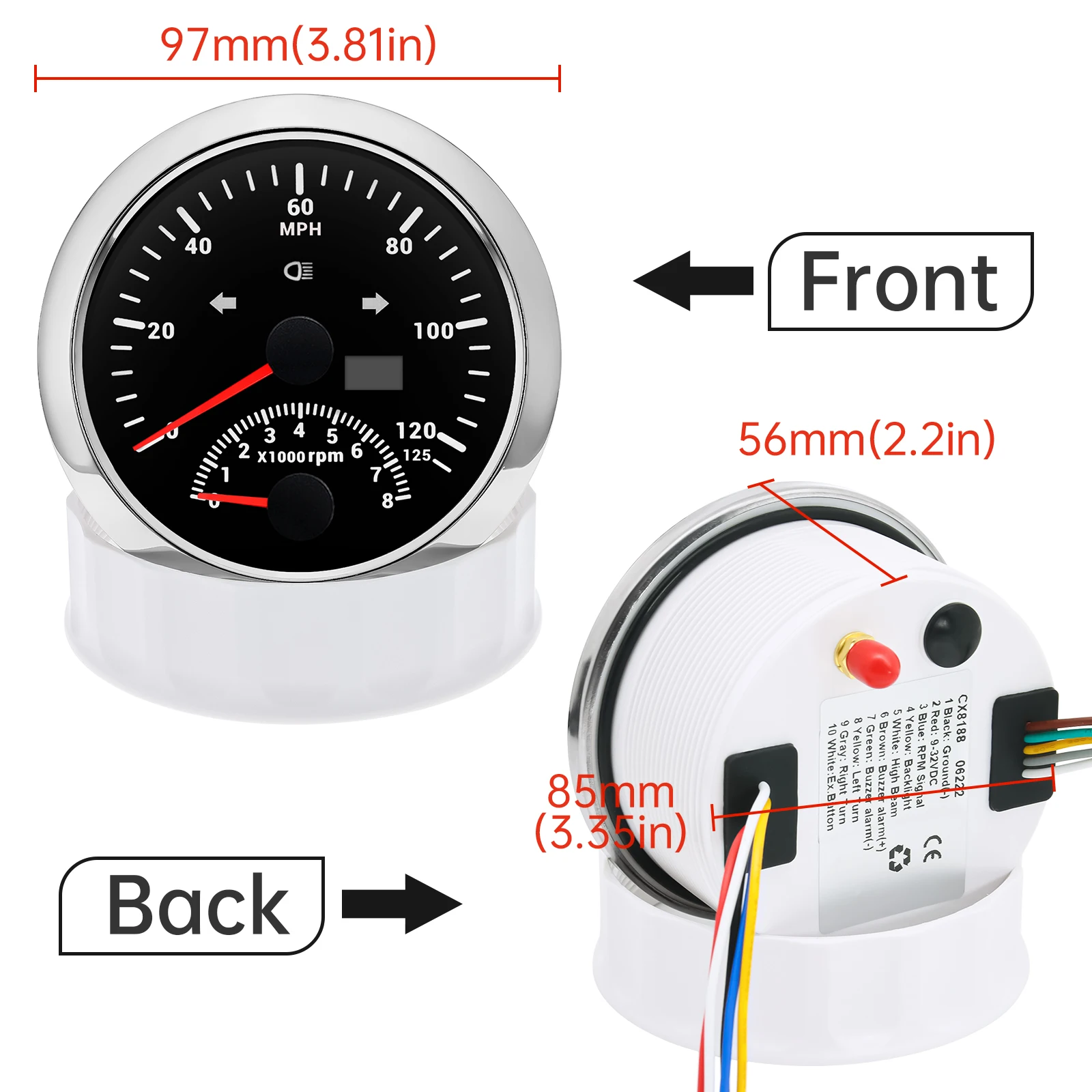 Фото Новый 85 мм GPS спидометр 0-125MPH с тахометром 0-8000RPM 125KMH 200KMH измеритель скорости красная подсветка для лодки автомобиля 9-32V №5