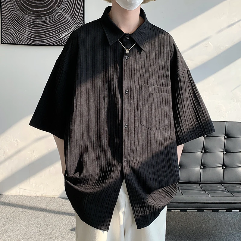 

Tale Told Clothing Summer Silk Loose Ice Casual Men Camisas Stripe Men Top Shirts Sleeve Short Vertical Lapel Blouse Shirt